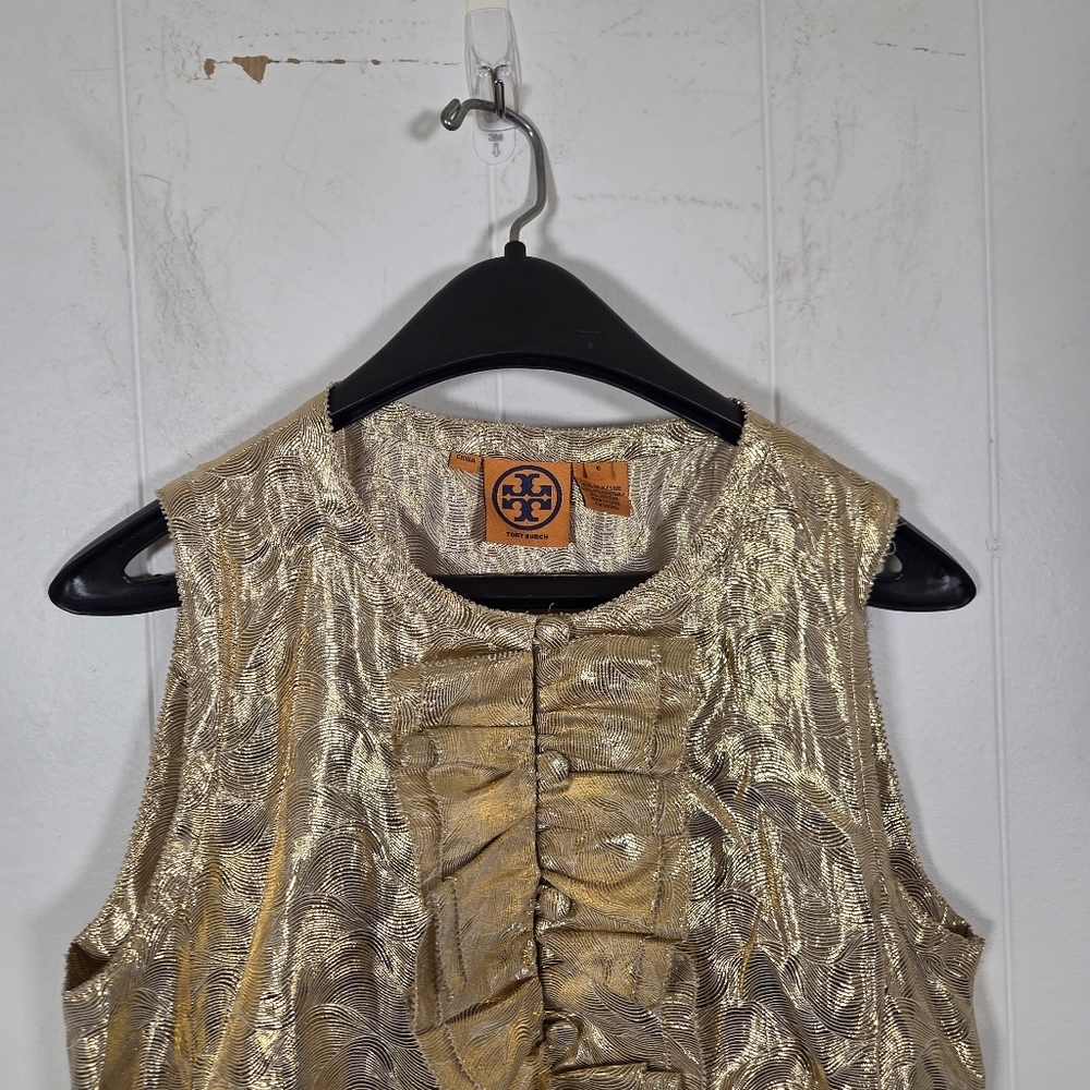 Tory Burch Trumpet Sleeveless Gold Ruffle Silk Blend Blouse Size 6 - Picture 5 of 16
